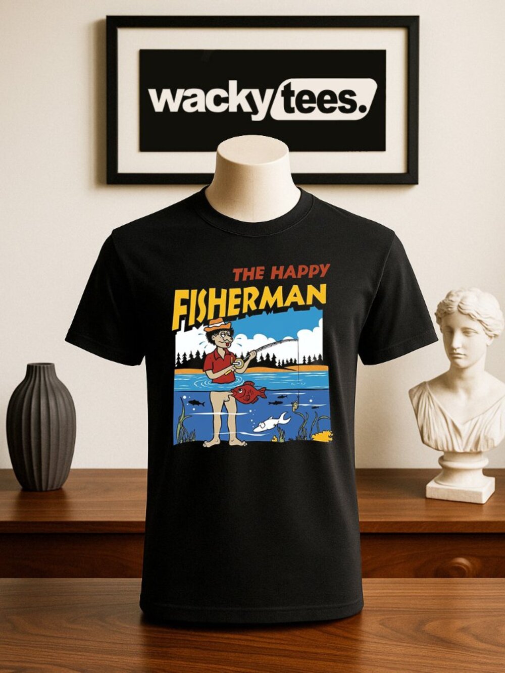 The Happy Fisherman Adult Humor Fishing Funny Style Graphic Tee Shirt